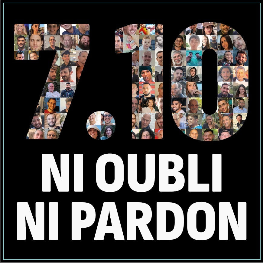 7 octobre - ni oubli ni pardon sur fond noir avec les chiffres constitués des photos des otages