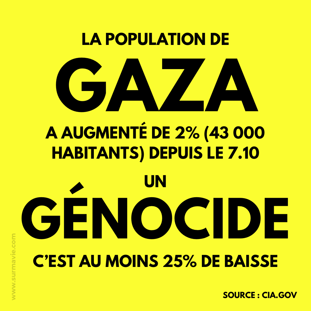 « La population de Gaza a augmenté de 2 % (43.000 habitants) depuis le 7.10" - Lot de stickers couleur noir sur fond jaune