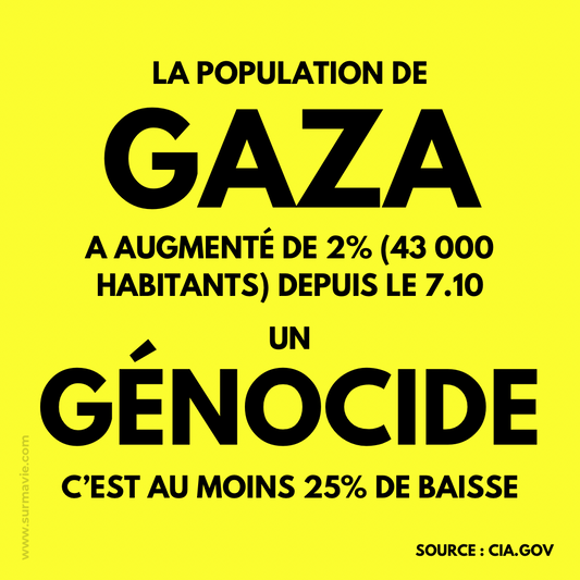 « La population de Gaza a augmenté de 2 % (43.000 habitants) depuis le 7.10" - Lot de stickers couleur noir sur fond jaune