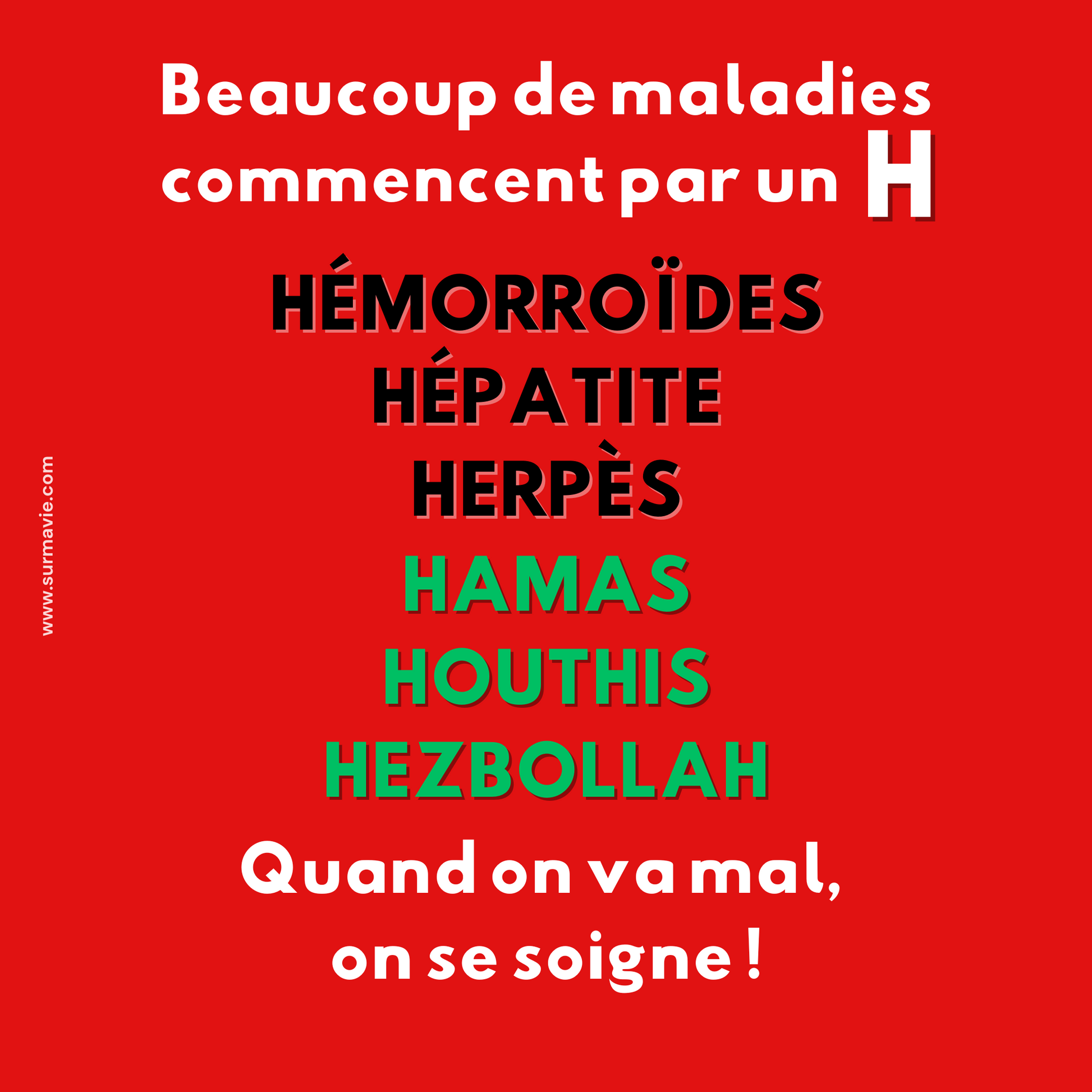 "Beaucoup de maladies commencent par un H" lot de stickers autocollants

HÉMORROÏDES
HÉPATITE
HERPÈS
HAMAS
HOUTHIS
HEZBOLLAH
Quand on va mal, on se soigne !