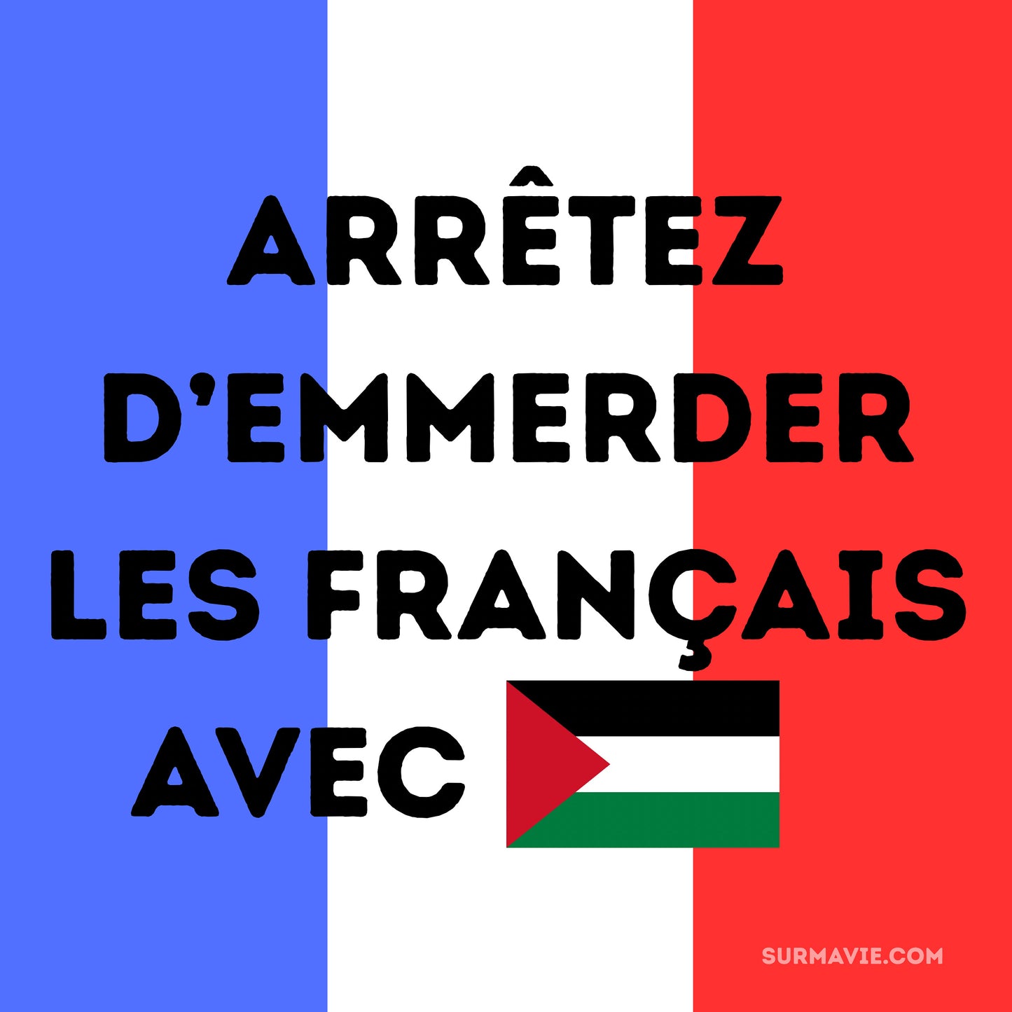 Arrêtez d’emmerder les français avec la palestine (drapeau de la palestine) avec background bleu blanc rouge