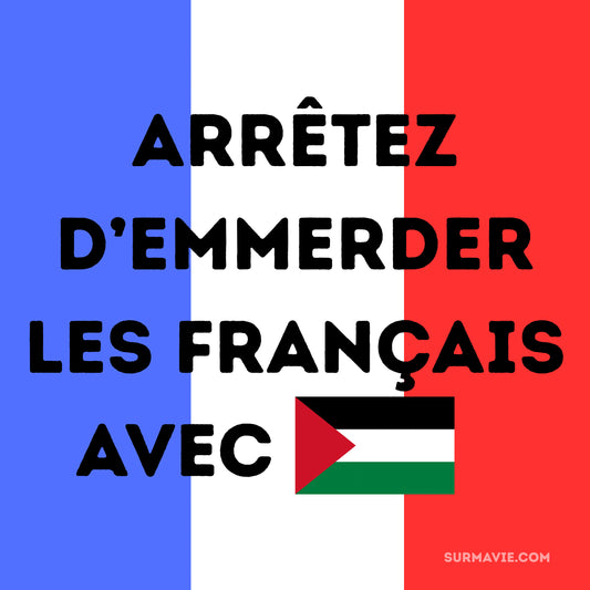 Arrêtez d’emmerder les français avec la palestine (drapeau de la palestine) avec background bleu blanc rouge
