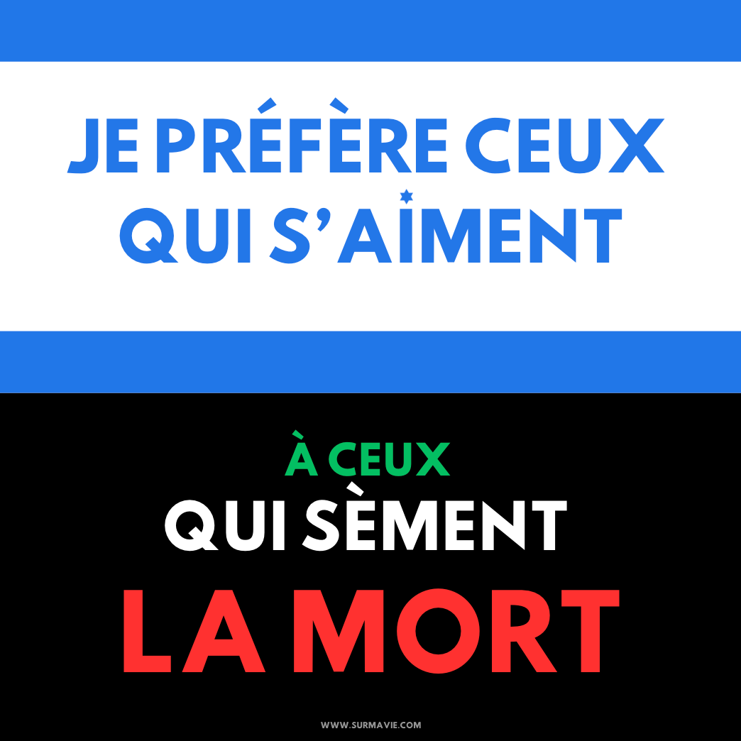 "Je préfère ceux qui s'aiment, à ceux qui sèment la mort" - Lot de stickers en bleu avec le drapeau d'Israël et les couleurs de la Palestine et du drapeau palestinien