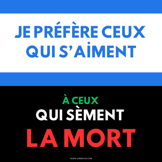 "Je préfère ceux qui s'aiment, à ceux qui sèment la mort" - Lot de stickers en bleu avec le drapeau d'Israël et les couleurs de la Palestine et du drapeau palestinien