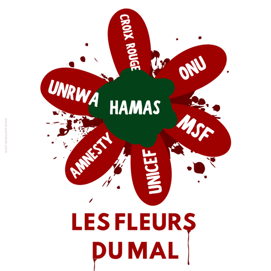 Sticker autocollant "Les fleurs du mal avec le Hamas et ses organisations satellites" en rouge, vert avec du sang