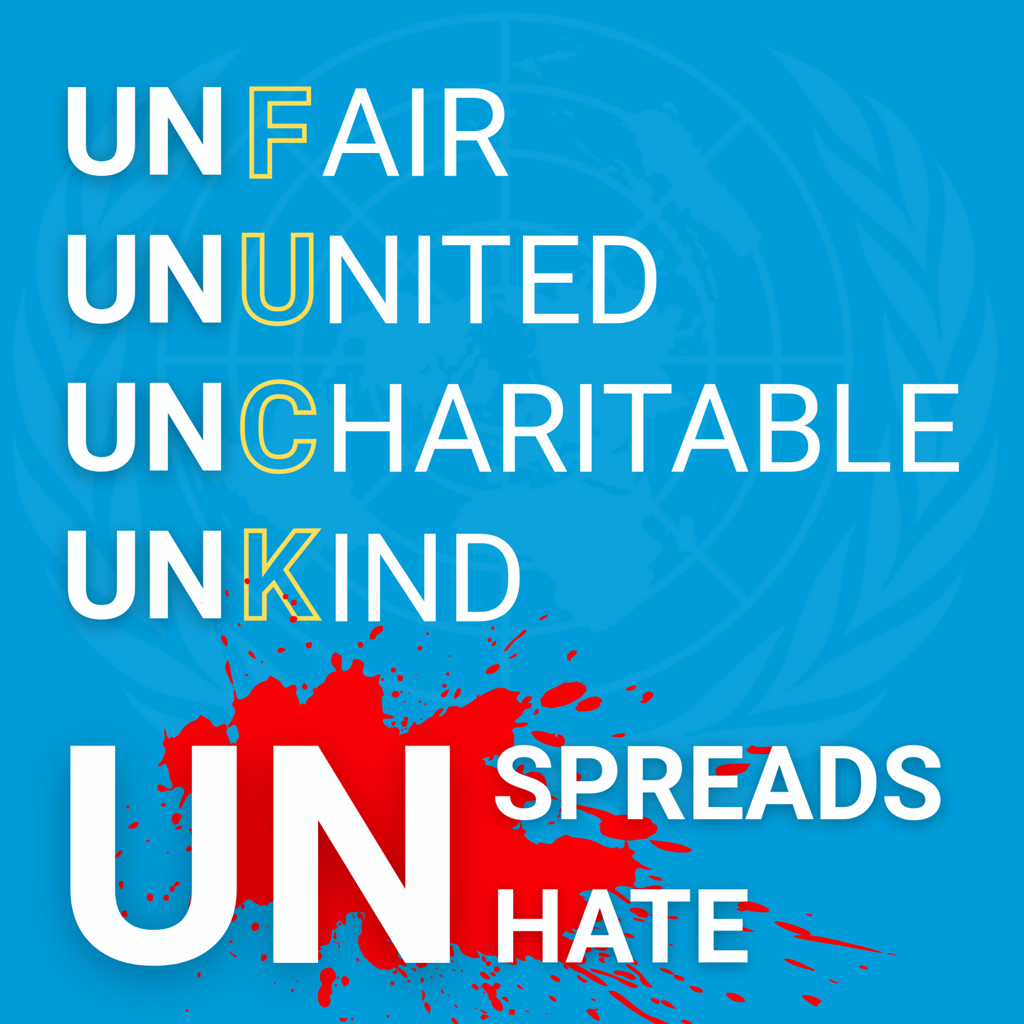 "UNfair, UNunited, UNcharitable, UNkind - UN spreads hate" - sticker with blue, red and white